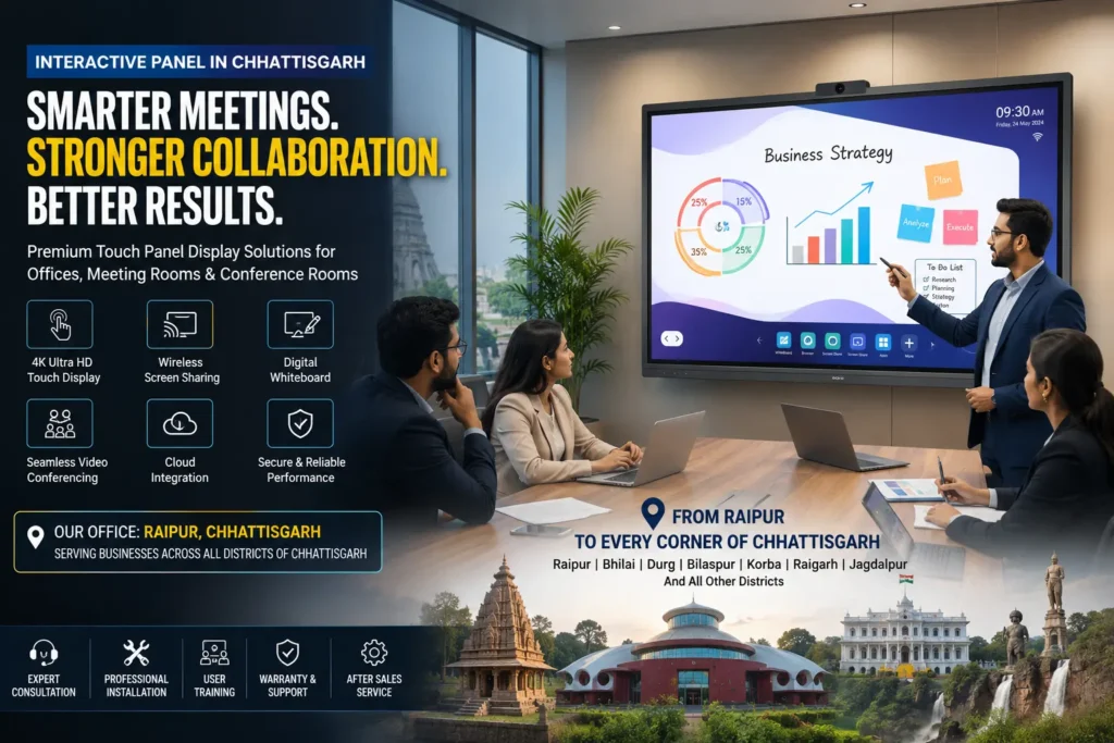 Interactive Panel in Chhattisgarh installed in a modern office meeting room with a touch panel display solution for offices, conference rooms, and boardrooms.